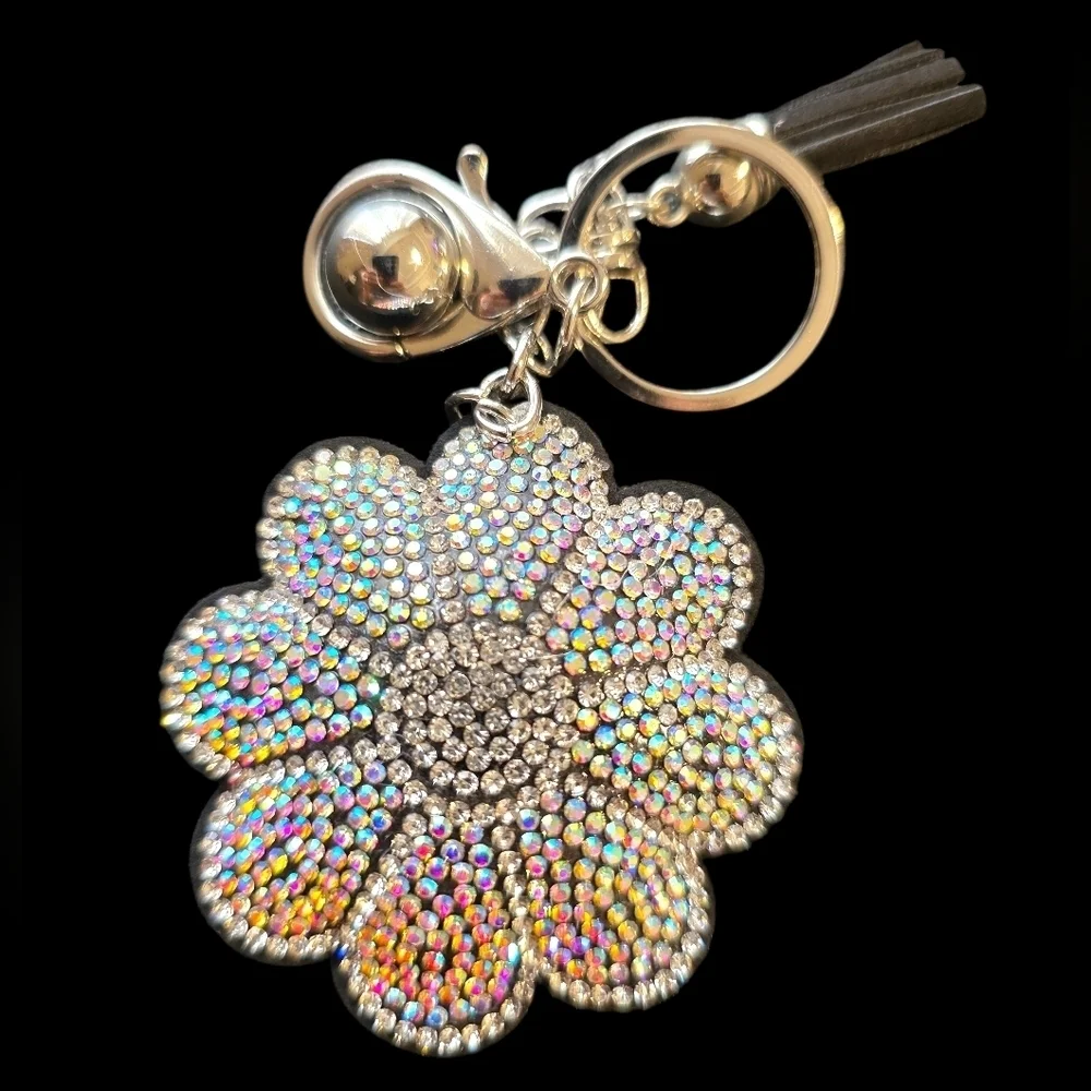 Silver Rhinestone Flower Bag Charm Keychain